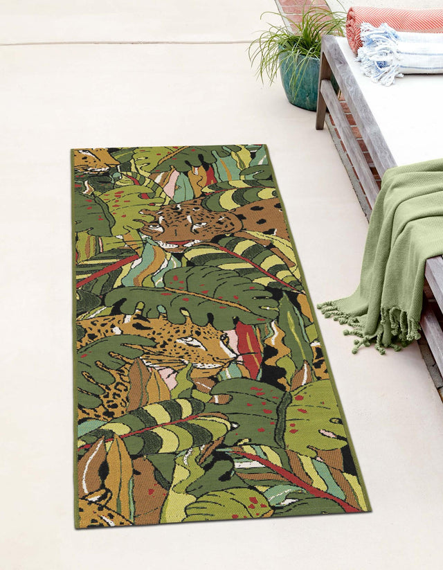 Green 2' x 6' 1 Outdoor Botanical Runner Area Rug Weather Resistant for Patio, Deck, Terrace, Balcony, Porch Polypropylene Garden Floral Tropical Carpet for Sale at Rug Engine