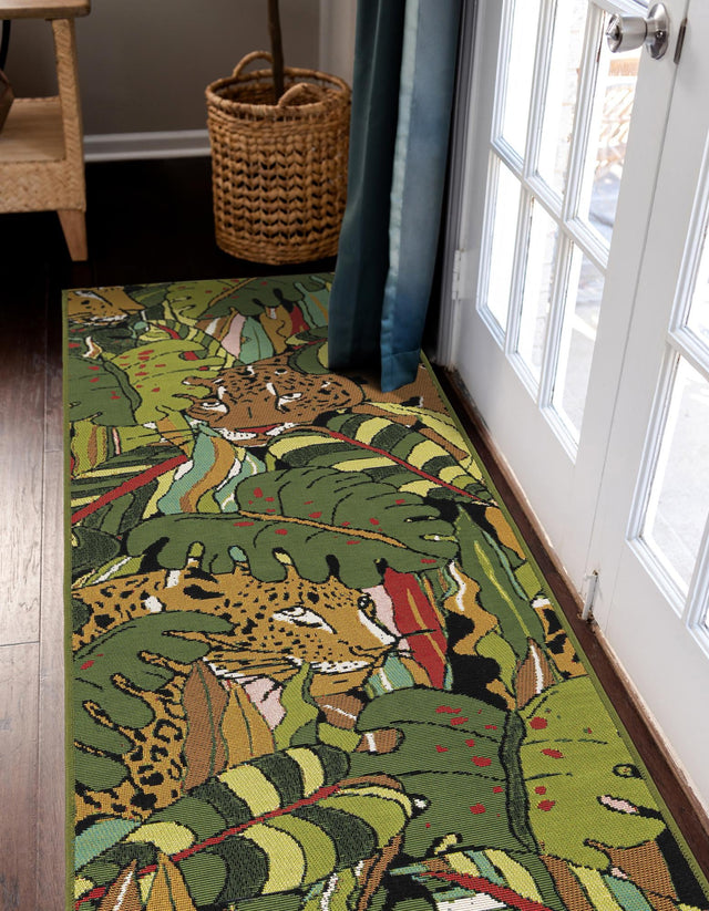 Green 2' x 6' 1 Outdoor Botanical Runner Area Rug Weather Resistant for Patio, Deck, Terrace, Balcony, Porch Polypropylene Garden Floral Tropical Carpet for Sale at Rug Engine