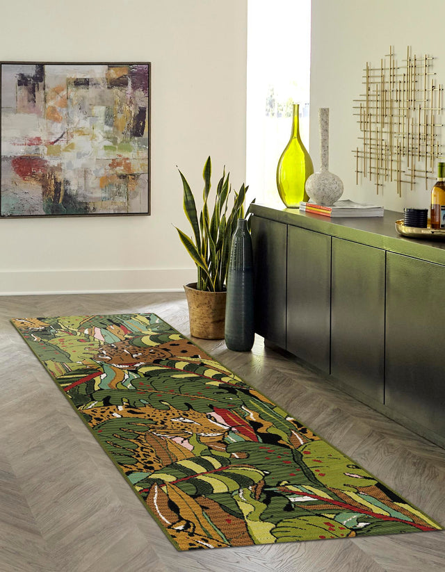 Green 2' x 8' Outdoor Botanical Runner Area Rug Weather Resistant for Patio, Deck, Terrace, Balcony, Porch Polypropylene Garden Floral Tropical Carpet for Sale at Rug Engine