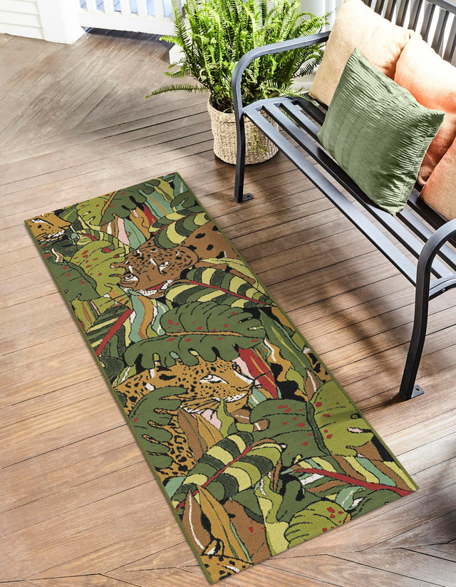 Green 2' x 8' Outdoor Botanical Runner Area Rug Weather Resistant for Patio, Deck, Terrace, Balcony, Porch Polypropylene Garden Floral Tropical Carpet for Sale at Rug Engine