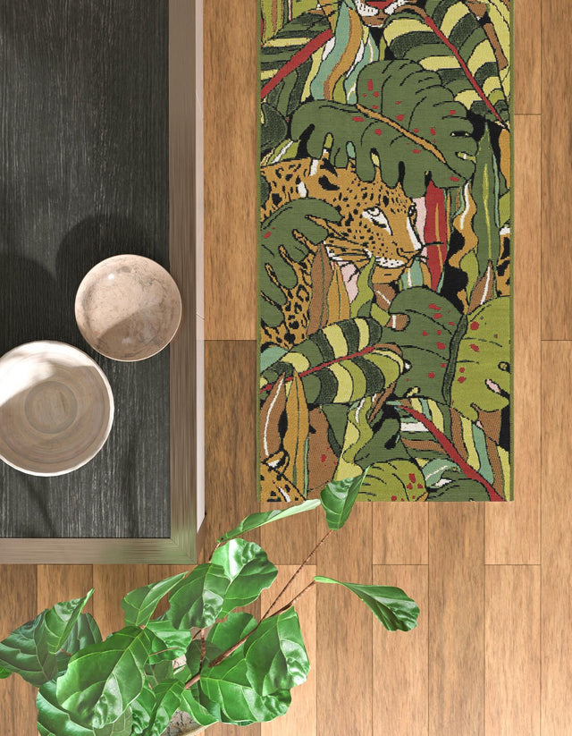 Green 2' x 5' 1 Outdoor Botanical Runner Area Rug Weather Resistant for Patio, Deck, Terrace, Balcony, Porch Polypropylene Garden Floral Tropical Carpet for Sale at Rug Engine