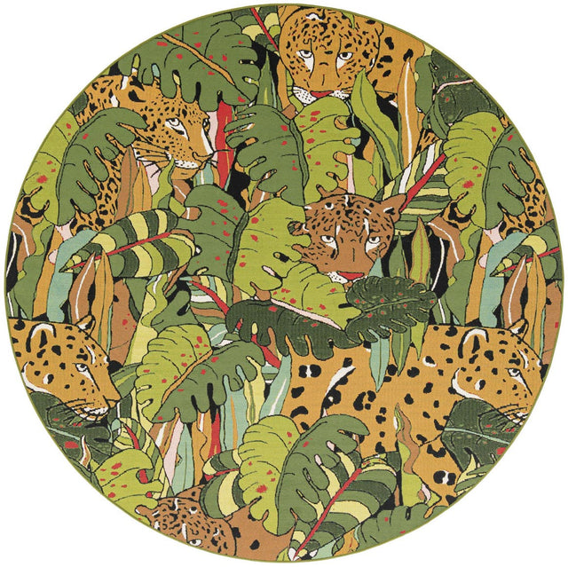 Green 7' 10 x 7' 10 Outdoor Botanical Round Area Rug Weather Resistant for Patio, Deck, Terrace, Balcony, Porch Polypropylene Garden Floral Tropical Carpet for Sale at Rug Engine