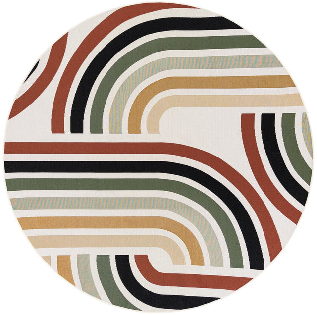 Multicolor 7' 10 x 7' 10 Outdoor Modern Round Area Rug Weather Resistant for Patio, Deck, Terrace, Balcony, Porch 100% Polypropylene Modern Outside Carpet for Sale at Rug Engine