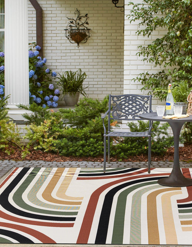 Multicolor 7' 10 x 7' 10 Outdoor Modern Square Area Rug Weather Resistant for Patio, Deck, Terrace, Balcony, Porch 100% Polypropylene Modern Outside Carpet for Sale at Rug Engine