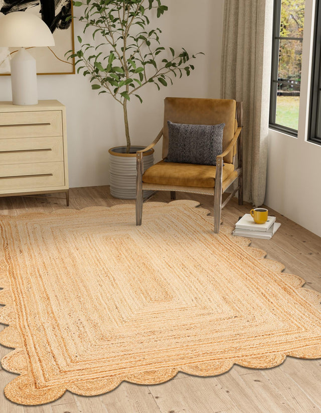 Natural 4' 1 x 6' 1 Scallop Braided Jute Rectangle Area Rug Eco Friendly 100% Jute All Natural Durable Carpet for Affordable Unique Home Interiors for Sale at Rug Engine