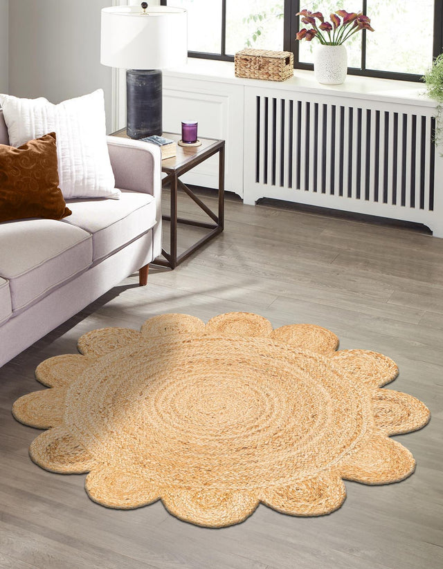 Natural 6' 1 x 6' 1 Scallop Braided Jute Round Area Rug Eco Friendly 100% Jute All Natural Durable Carpet for Affordable Unique Home Interiors for Sale at Rug Engine