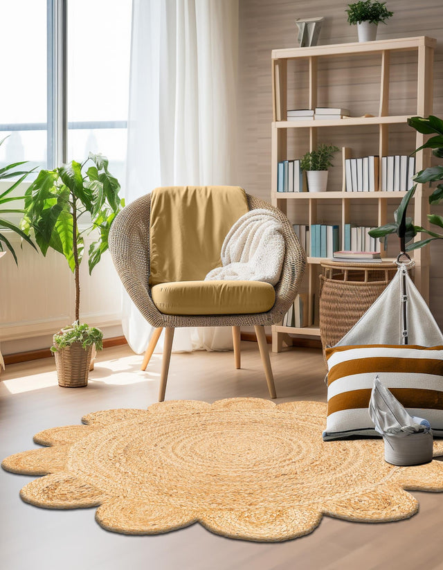 Natural 6' 1 x 6' 1 Scallop Braided Jute Round Area Rug Eco Friendly 100% Jute All Natural Durable Carpet for Affordable Unique Home Interiors for Sale at Rug Engine