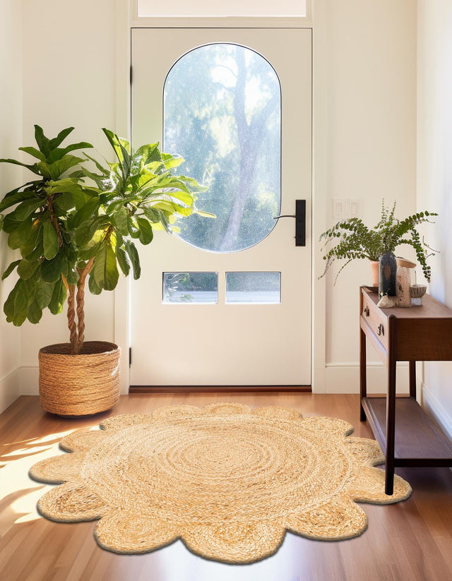 Natural 5' 1 x 5' 1 Scallop Braided Jute Round Area Rug Eco Friendly 100% Jute All Natural Durable Carpet for Affordable Unique Home Interiors for Sale at Rug Engine