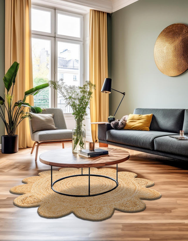 Natural 4' 1 x 4' 1 Scallop Braided Jute Round Area Rug Eco Friendly 100% Jute All Natural Durable Carpet for Affordable Unique Home Interiors for Sale at Rug Engine