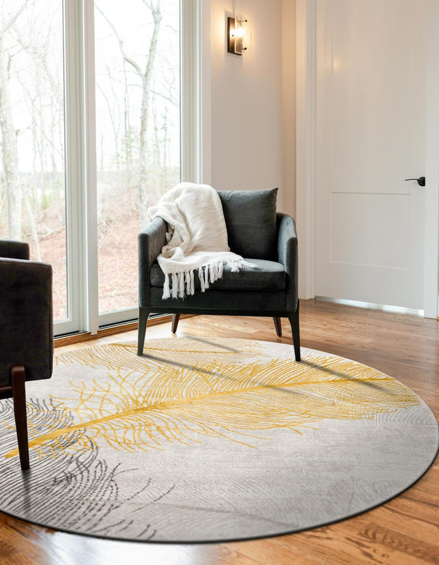 Yellow Gray 5' 3 x 5' 3 Finsbury Round Area Rug 60% Polypropylene & 40% Polyester Contemporary Carpet for Living Rooms, Dining, Offices for Sale at Rug Engine