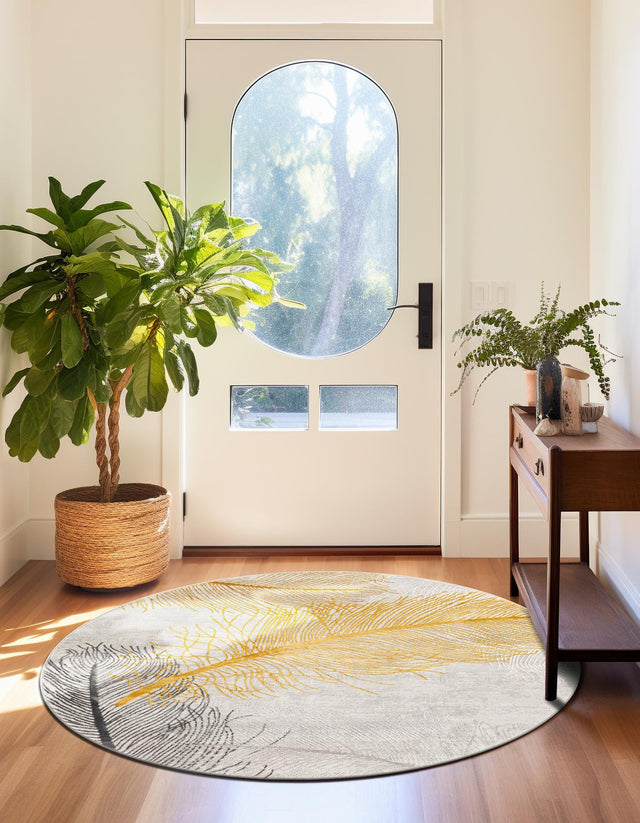 Yellow Gray 5' 3 x 5' 3 Finsbury Round Area Rug 60% Polypropylene & 40% Polyester Contemporary Carpet for Living Rooms, Dining, Offices for Sale at Rug Engine