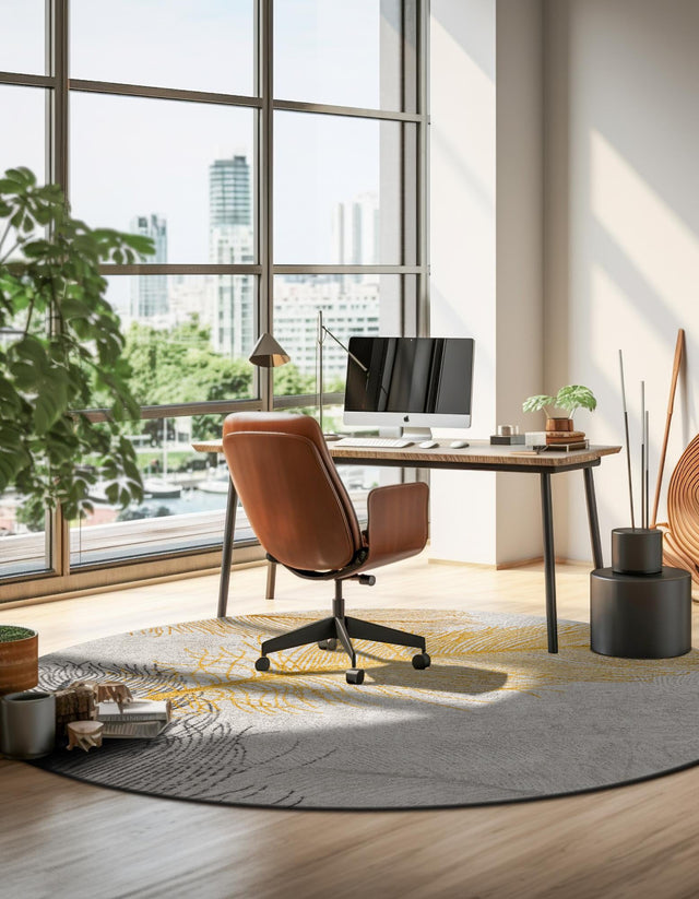 Yellow Gray 5' 3 x 5' 3 Finsbury Round Area Rug 60% Polypropylene & 40% Polyester Contemporary Carpet for Living Rooms, Dining, Offices for Sale at Rug Engine