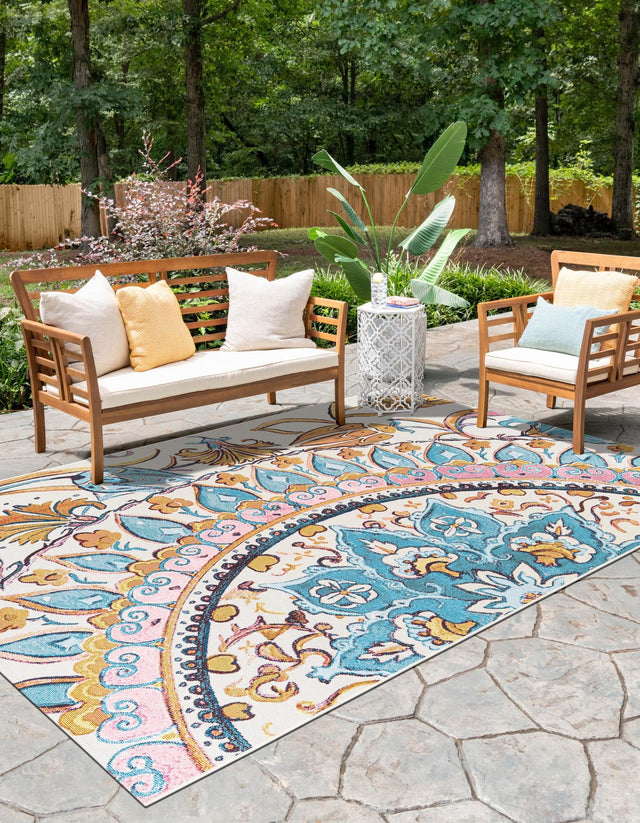 Multicolor 9' x 12' Outdoor Traditional Rectangle Area Rug Weather Resistant for Patio, Deck, Terrace, Balcony, Porch Classical Design Outside Carpet for Sale at Rug Engine