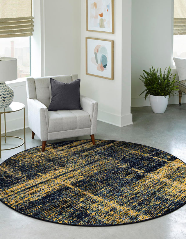 Navy Blue and Yellow 3' 1 x 3' 1 Laguna Round Area Rug 100% Polypropylene Modern Contemporary Carpet for Bedrooms, Living Room, Dining, Office for Sale at Rug Engine