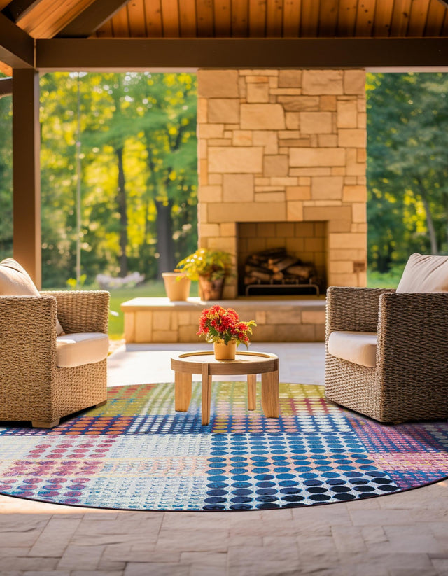 Multicolor 5' 1 x 5' 1 Outdoor Modern Round Area Rug Weather Resistant for Patio, Deck, Terrace, Balcony, Porch 100% Polypropylene Modern Outside Carpet for Sale at Rug Engine
