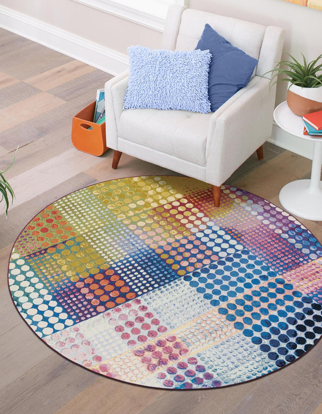 Multicolor 8' x 8' Outdoor Modern Round Area Rug Weather Resistant for Patio, Deck, Terrace, Balcony, Porch 100% Polypropylene Modern Outside Carpet for Sale at Rug Engine