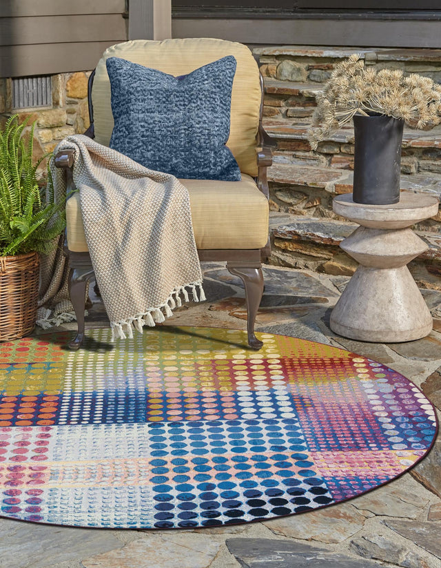 Multicolor 8' x 8' Outdoor Modern Round Area Rug Weather Resistant for Patio, Deck, Terrace, Balcony, Porch 100% Polypropylene Modern Outside Carpet for Sale at Rug Engine
