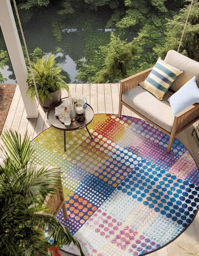 Multicolor 8' x 8' Outdoor Modern Round Area Rug Weather Resistant for Patio, Deck, Terrace, Balcony, Porch 100% Polypropylene Modern Outside Carpet for Sale at Rug Engine
