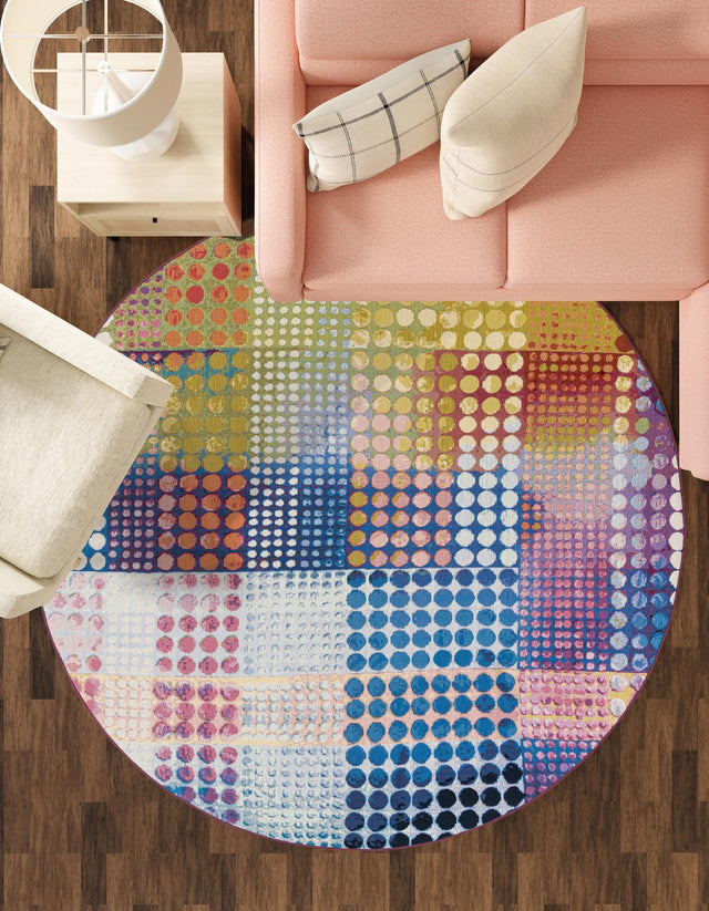 Multicolor 8' x 8' Outdoor Modern Round Area Rug Weather Resistant for Patio, Deck, Terrace, Balcony, Porch 100% Polypropylene Modern Outside Carpet for Sale at Rug Engine