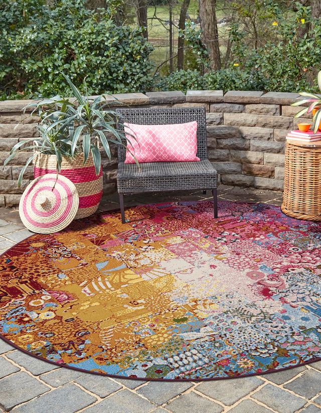 Multicolor 8' x 8' Outdoor Modern Round Area Rug Weather Resistant for Patio, Deck, Terrace, Balcony, Porch 100% Polypropylene Modern Outside Carpet for Sale at Rug Engine