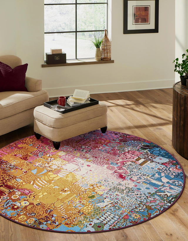 Multicolor 8' x 8' Outdoor Modern Round Area Rug Weather Resistant for Patio, Deck, Terrace, Balcony, Porch 100% Polypropylene Modern Outside Carpet for Sale at Rug Engine