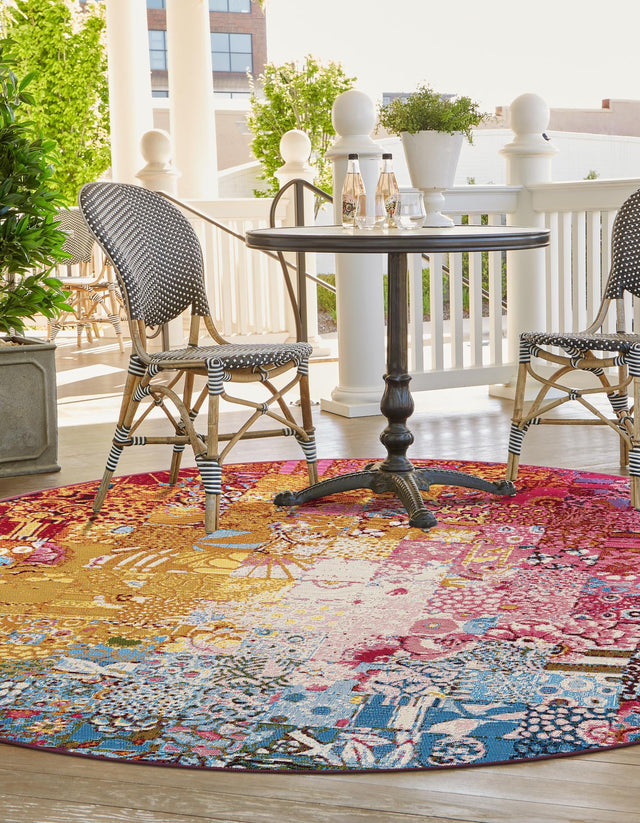 Multicolor 8' x 8' Outdoor Modern Round Area Rug Weather Resistant for Patio, Deck, Terrace, Balcony, Porch 100% Polypropylene Modern Outside Carpet for Sale at Rug Engine
