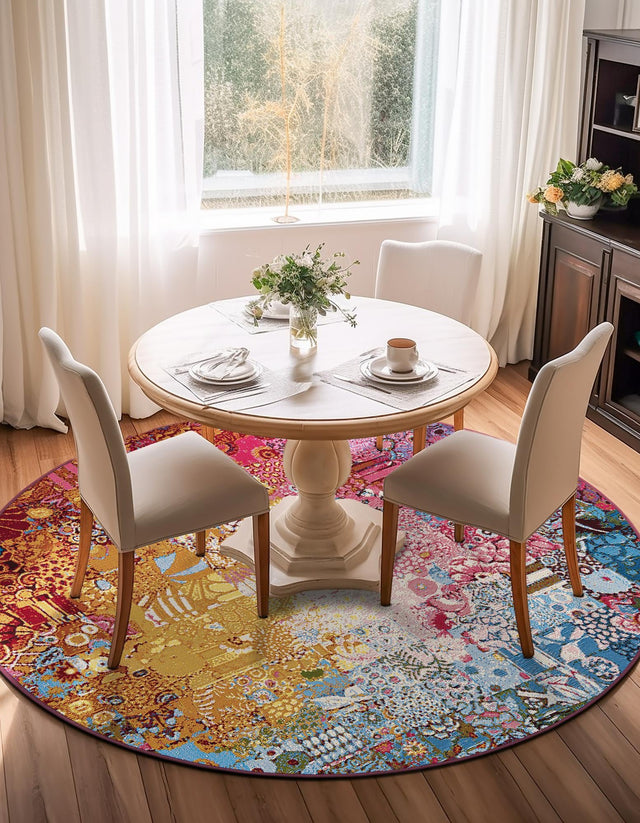 Multicolor 5' 1 x 5' 1 Outdoor Modern Round Area Rug Weather Resistant for Patio, Deck, Terrace, Balcony, Porch 100% Polypropylene Modern Outside Carpet for Sale at Rug Engine