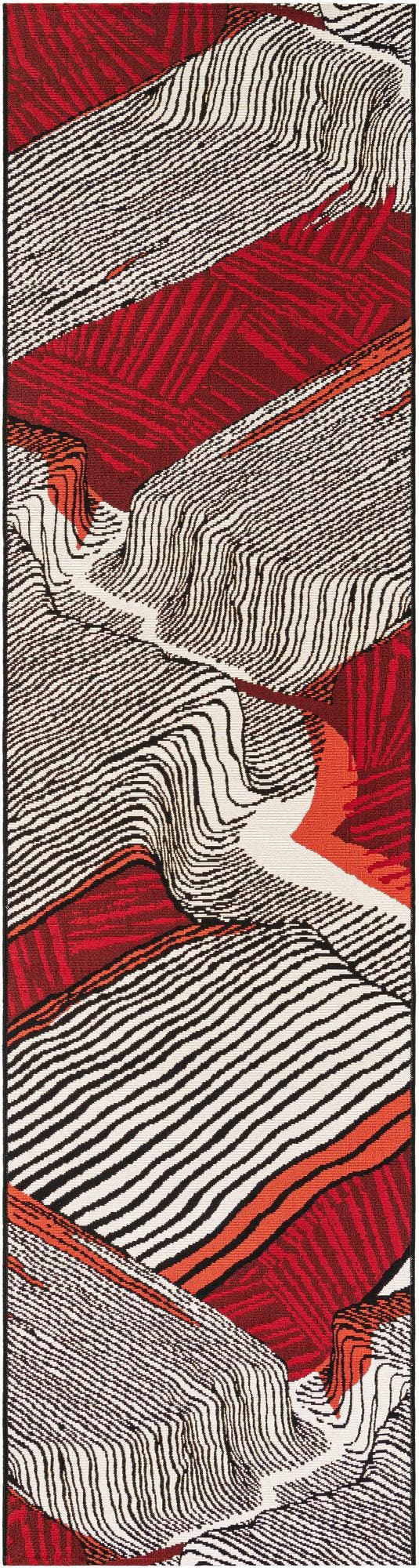 Red and Black 2' 7 x 10' Outdoor Modern Runner Area Rug Weather Resistant for Patio, Deck, Terrace, Balcony, Porch 100% Polypropylene Modern Outside Carpet for Sale at Rug Engine