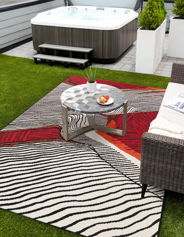 Red and Black 8' x 10' Outdoor Modern Rectangle Area Rug Weather Resistant for Patio, Deck, Terrace, Balcony, Porch 100% Polypropylene Modern Outside Carpet for Sale at Rug Engine