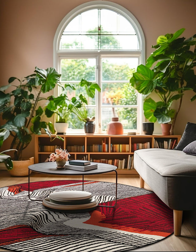 Red and Black 3' 1 x 3' 1 Outdoor Modern Round Area Rug Weather Resistant for Patio, Deck, Terrace, Balcony, Porch 100% Polypropylene Modern Outside Carpet for Sale at Rug Engine