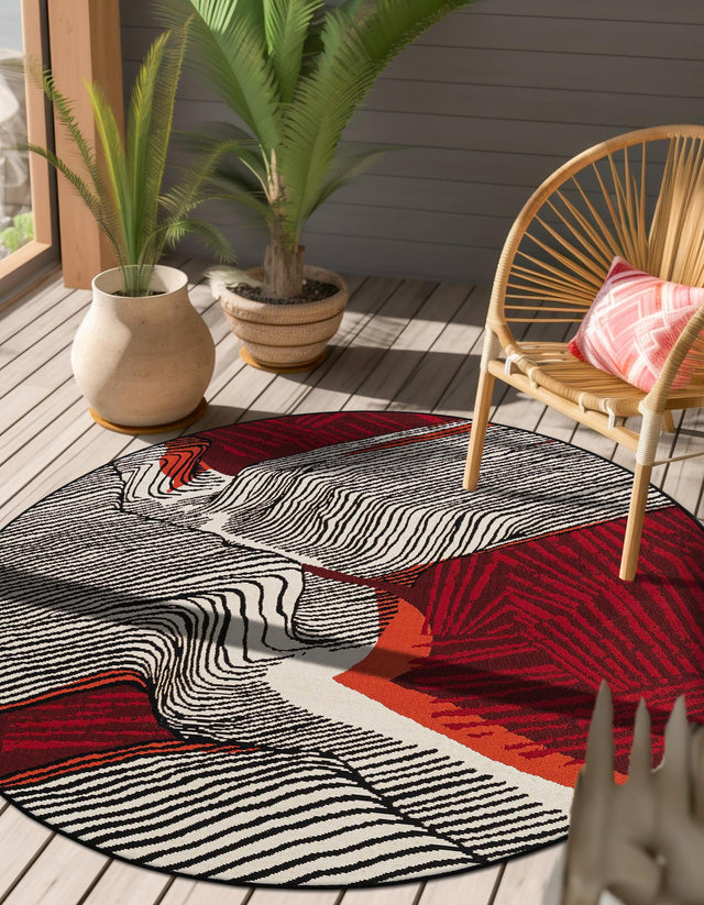 Red and Black 5' 1 x 5' 1 Outdoor Modern Round Area Rug Weather Resistant for Patio, Deck, Terrace, Balcony, Porch 100% Polypropylene Modern Outside Carpet for Sale at Rug Engine