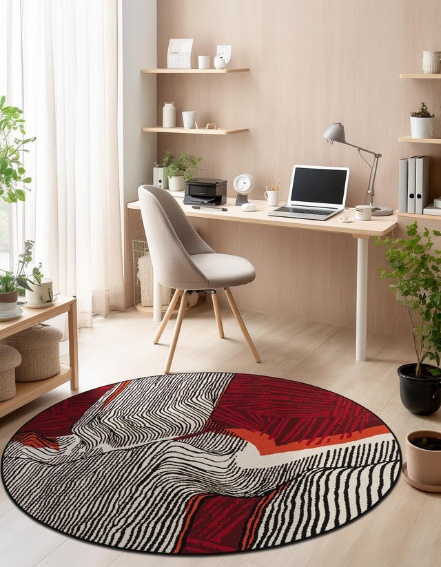 Red and Black 3' 1 x 3' 1 Outdoor Modern Round Area Rug Weather Resistant for Patio, Deck, Terrace, Balcony, Porch 100% Polypropylene Modern Outside Carpet for Sale at Rug Engine