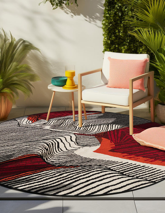 Red and Black 5' 1 x 5' 1 Outdoor Modern Round Area Rug Weather Resistant for Patio, Deck, Terrace, Balcony, Porch 100% Polypropylene Modern Outside Carpet for Sale at Rug Engine