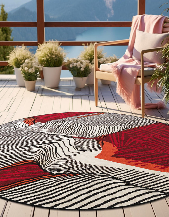 Red and Black 4' 1 x 4' 1 Outdoor Modern Round Area Rug Weather Resistant for Patio, Deck, Terrace, Balcony, Porch 100% Polypropylene Modern Outside Carpet for Sale at Rug Engine