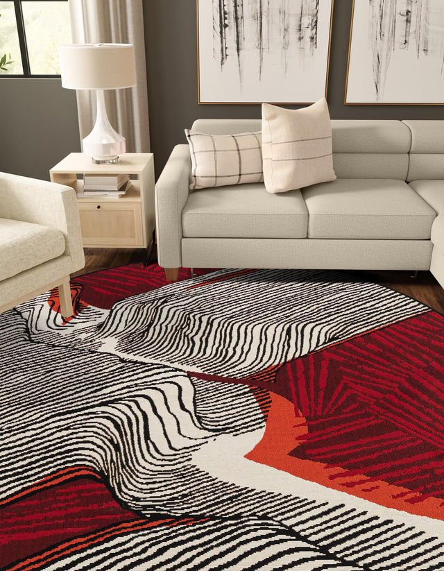 Red and Black 3' 1 x 3' 1 Outdoor Modern Round Area Rug Weather Resistant for Patio, Deck, Terrace, Balcony, Porch 100% Polypropylene Modern Outside Carpet for Sale at Rug Engine