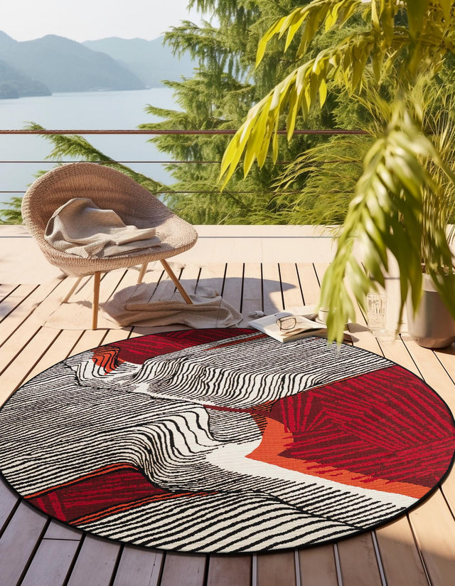 Red and Black 3' 1 x 3' 1 Outdoor Modern Round Area Rug Weather Resistant for Patio, Deck, Terrace, Balcony, Porch 100% Polypropylene Modern Outside Carpet for Sale at Rug Engine