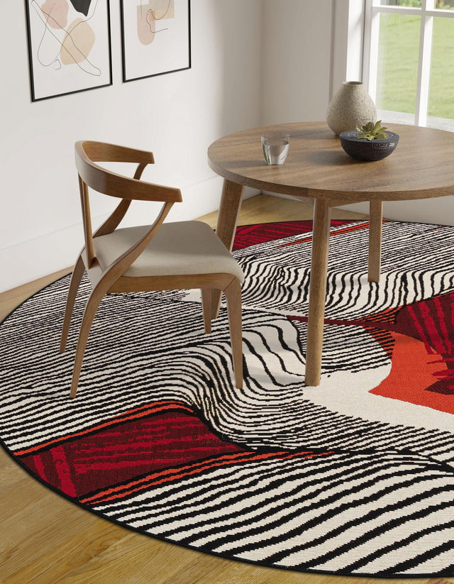 Red and Black 8' x 8' Outdoor Modern Round Area Rug Weather Resistant for Patio, Deck, Terrace, Balcony, Porch 100% Polypropylene Modern Outside Carpet for Sale at Rug Engine