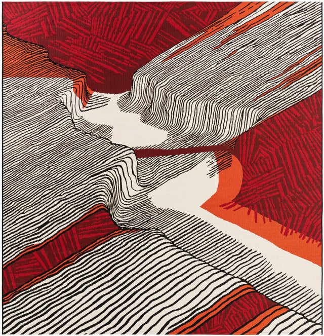 Red and Black 8' x 8' Outdoor Modern Square Area Rug Weather Resistant for Patio, Deck, Terrace, Balcony, Porch 100% Polypropylene Modern Outside Carpet for Sale at Rug Engine