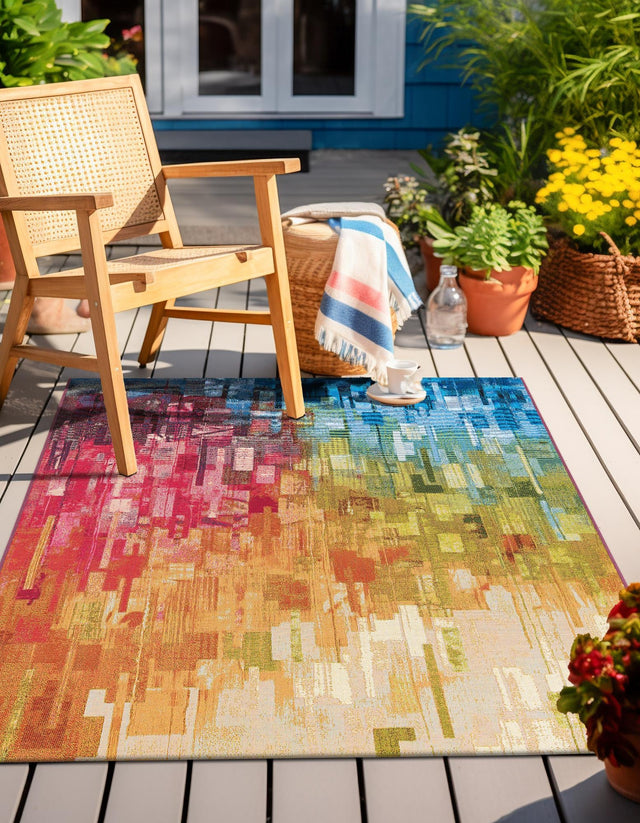 Multicolor 9' x 12' Outdoor Modern Rectangle Area Rug Weather Resistant for Patio, Deck, Terrace, Balcony, Porch 100% Polypropylene Modern Outside Carpet for Sale at Rug Engine