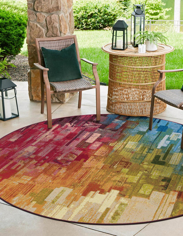 Multicolor 4' 1 x 4' 1 Outdoor Modern Round Area Rug Weather Resistant for Patio, Deck, Terrace, Balcony, Porch 100% Polypropylene Modern Outside Carpet for Sale at Rug Engine