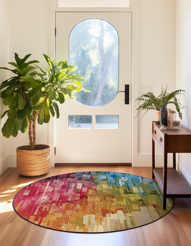 Multicolor 4' 1 x 4' 1 Outdoor Modern Round Area Rug Weather Resistant for Patio, Deck, Terrace, Balcony, Porch 100% Polypropylene Modern Outside Carpet for Sale at Rug Engine