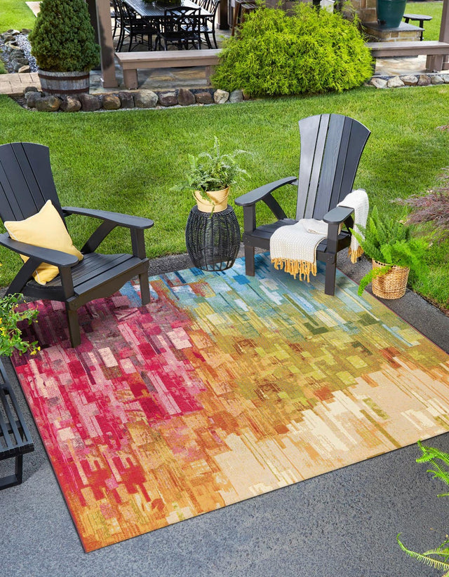 Multicolor 8' x 8' Outdoor Modern Square Area Rug Weather Resistant for Patio, Deck, Terrace, Balcony, Porch 100% Polypropylene Modern Outside Carpet for Sale at Rug Engine