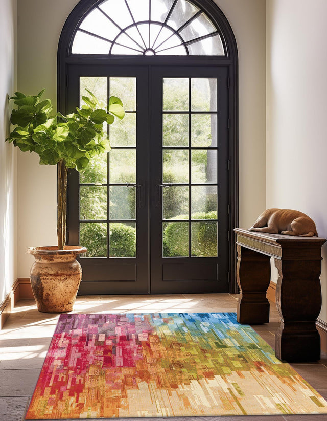 Multicolor 8' x 8' Outdoor Modern Square Area Rug Weather Resistant for Patio, Deck, Terrace, Balcony, Porch 100% Polypropylene Modern Outside Carpet for Sale at Rug Engine