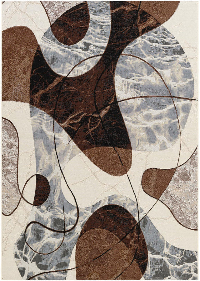 Brown and White 5' 1 x 7' 1 Outdoor Modern Rectangle Area Rug Weather Resistant for Patio, Deck, Terrace, Balcony, Porch 100% Polypropylene Modern Outside Carpet for Sale at Rug Engine