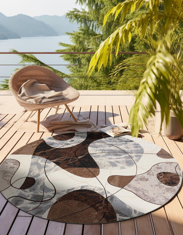 Brown and White 3' 1 x 3' 1 Outdoor Modern Round Area Rug Weather Resistant for Patio, Deck, Terrace, Balcony, Porch 100% Polypropylene Modern Outside Carpet for Sale at Rug Engine