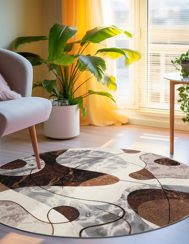Brown and White 8' x 8' Outdoor Modern Round Area Rug Weather Resistant for Patio, Deck, Terrace, Balcony, Porch 100% Polypropylene Modern Outside Carpet for Sale at Rug Engine
