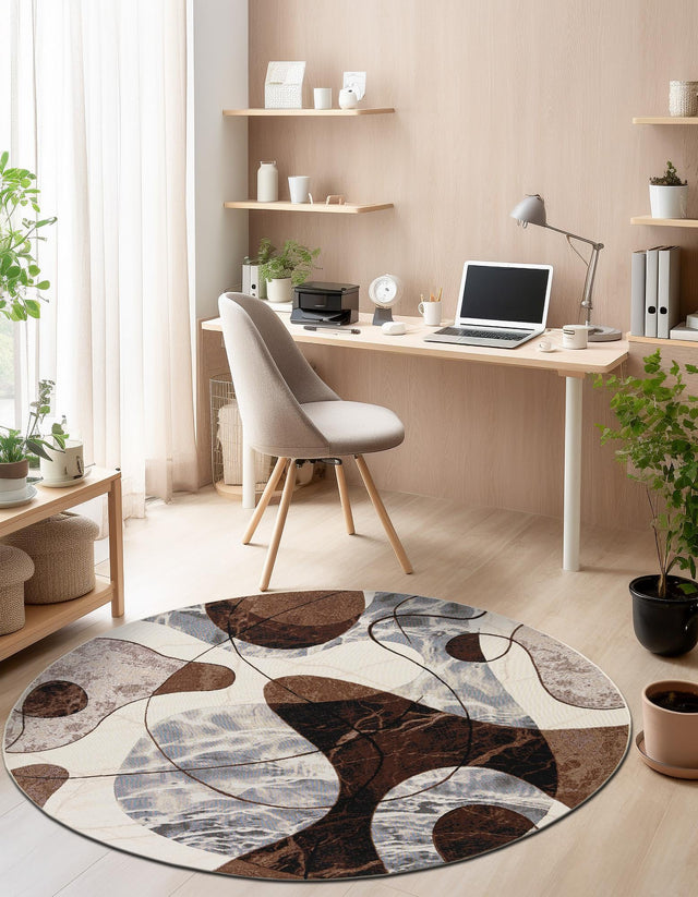 Brown and White 4' 1 x 4' 1 Outdoor Modern Round Area Rug Weather Resistant for Patio, Deck, Terrace, Balcony, Porch 100% Polypropylene Modern Outside Carpet for Sale at Rug Engine