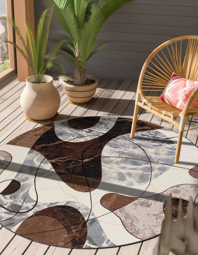 Brown and White 4' 1 x 4' 1 Outdoor Modern Round Area Rug Weather Resistant for Patio, Deck, Terrace, Balcony, Porch 100% Polypropylene Modern Outside Carpet for Sale at Rug Engine
