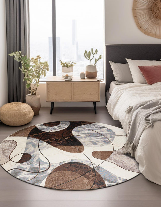 Brown and White 5' 1 x 5' 1 Outdoor Modern Round Area Rug Weather Resistant for Patio, Deck, Terrace, Balcony, Porch 100% Polypropylene Modern Outside Carpet for Sale at Rug Engine