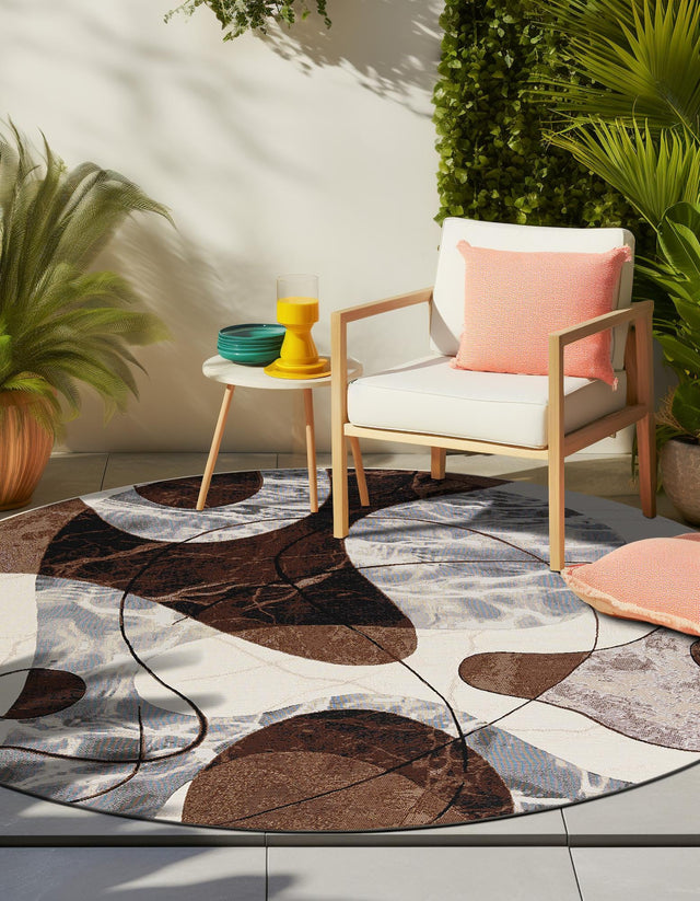 Brown and White 4' 1 x 4' 1 Outdoor Modern Round Area Rug Weather Resistant for Patio, Deck, Terrace, Balcony, Porch 100% Polypropylene Modern Outside Carpet for Sale at Rug Engine